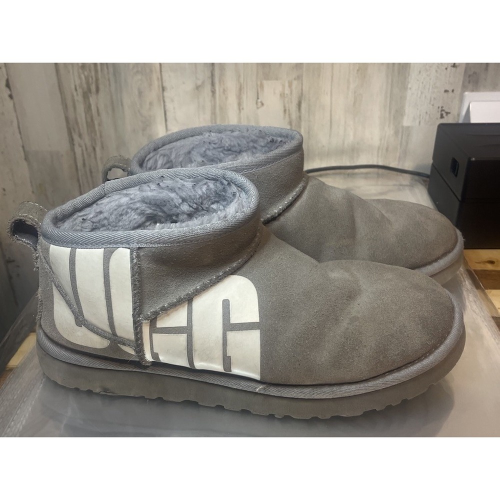 Ugg Classic Ultra Mini  Ankle Boot Grey Suede Women's Size 8 Warm, And Comfy